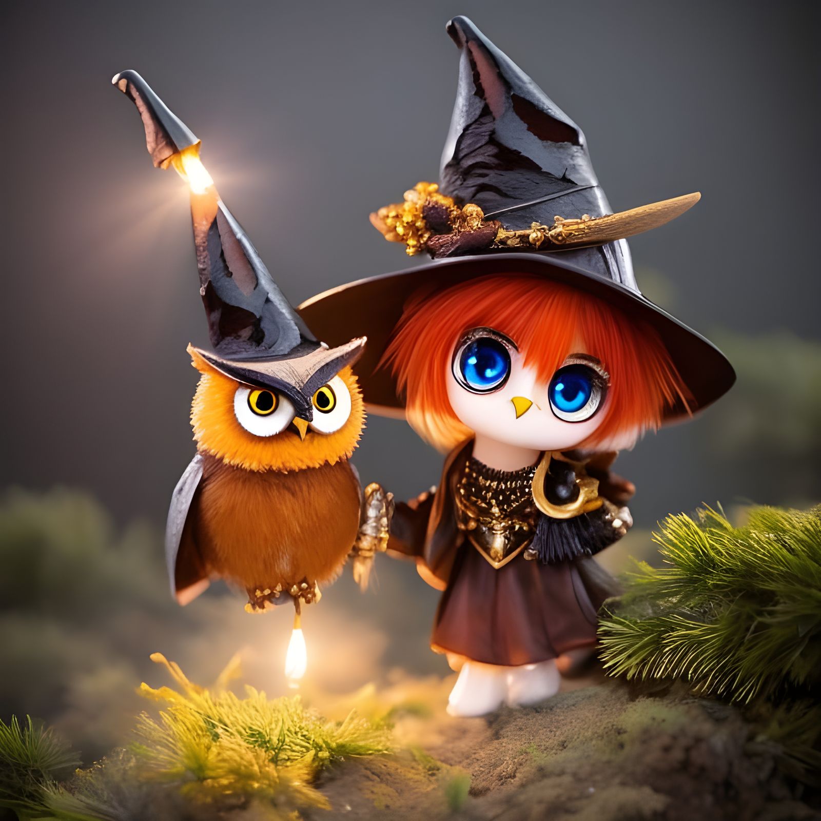 Adorable Chibi Owl Witch in Psychedelic Colors