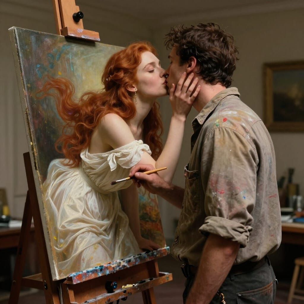 Artist's Dream: Woman Leans from Painting to Kiss