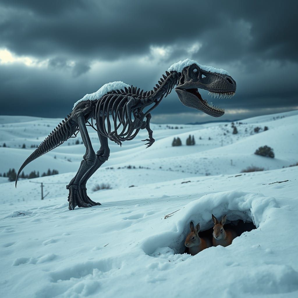 A Haunting Winter Landscape with a Fading Tyrannosaurus Rex