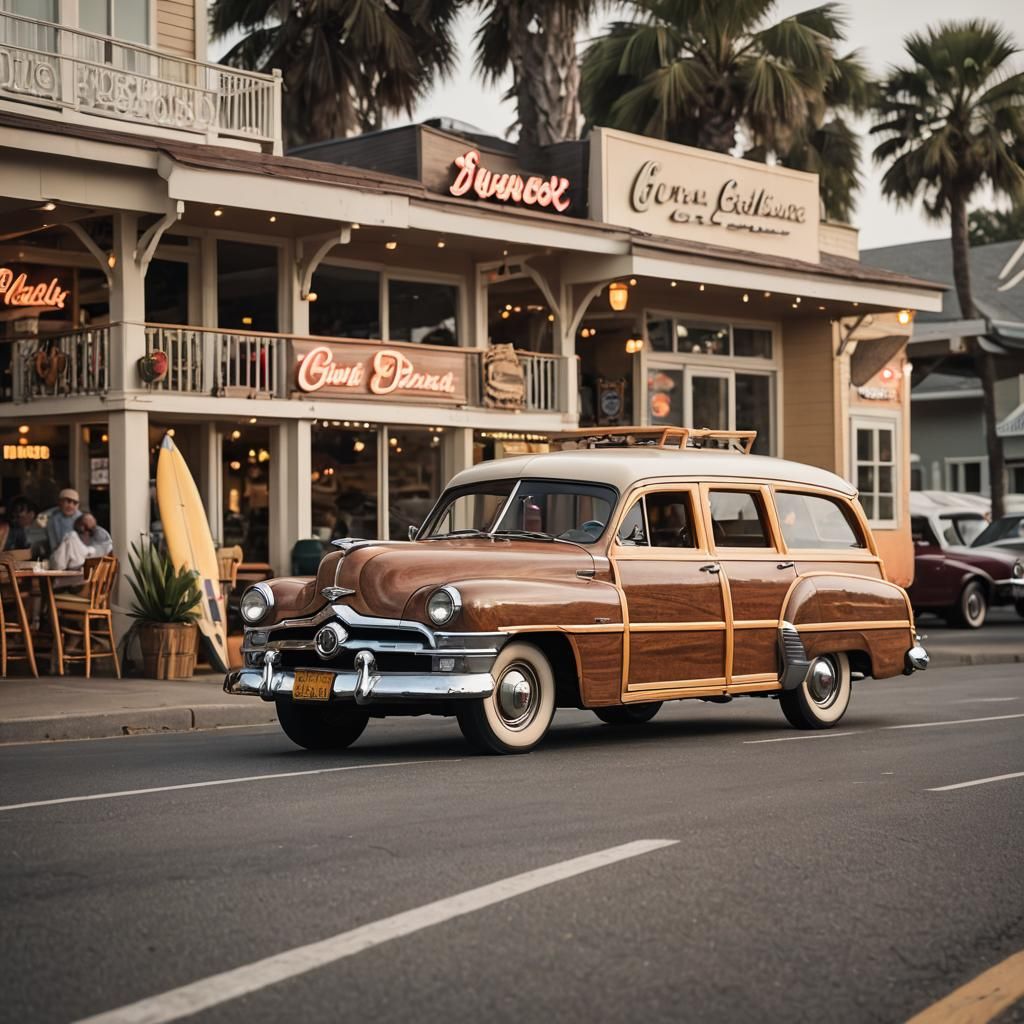 1951 Woody Wagon With Surfboard, Diner Backdrop