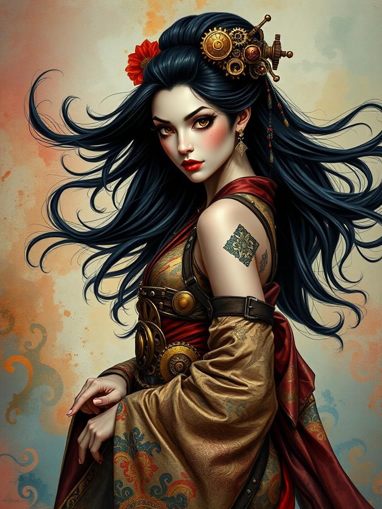 Steampunk Geisha in Alcohol Ink Style