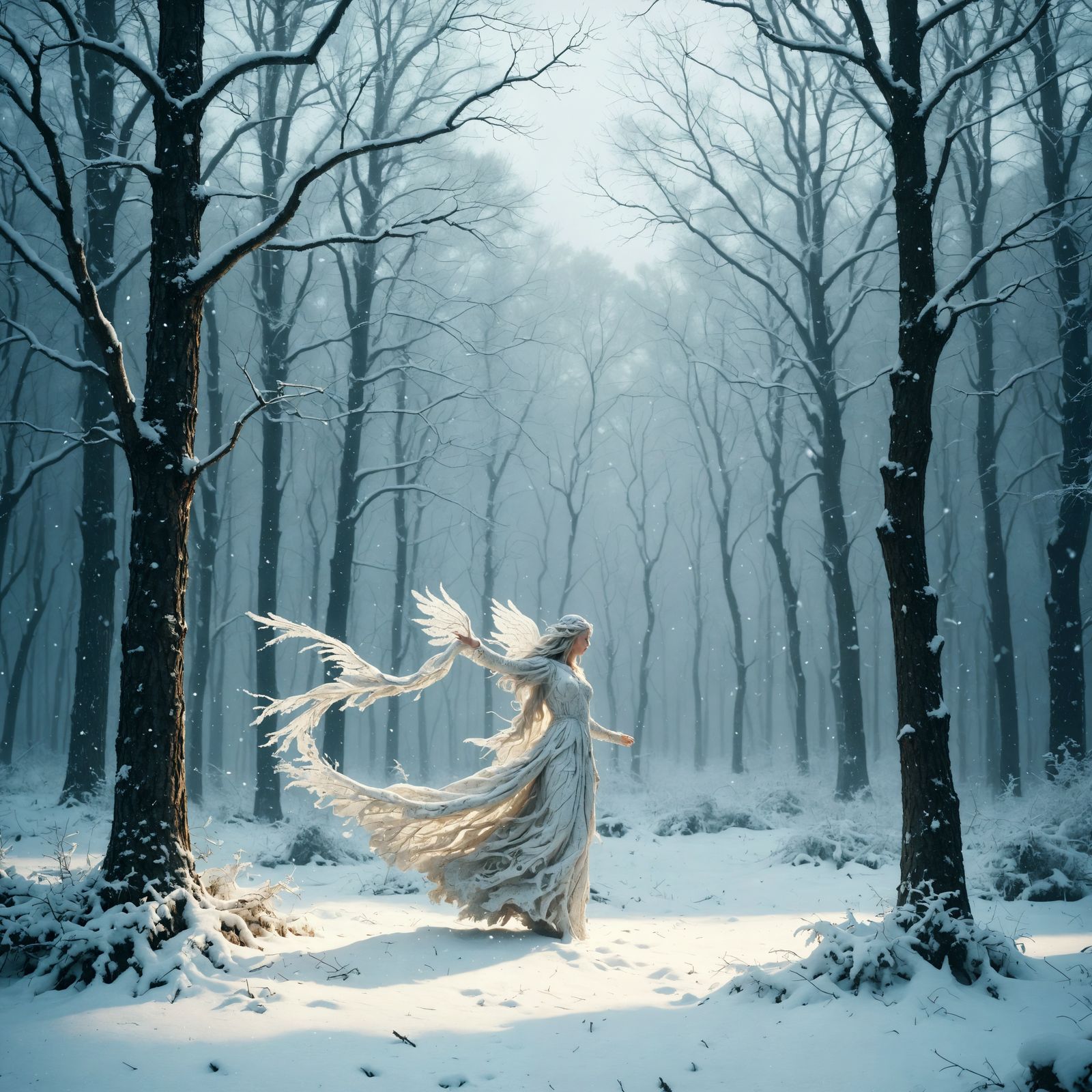 Surreal Snow Wizard Emerges in a Mythical Forest Glade