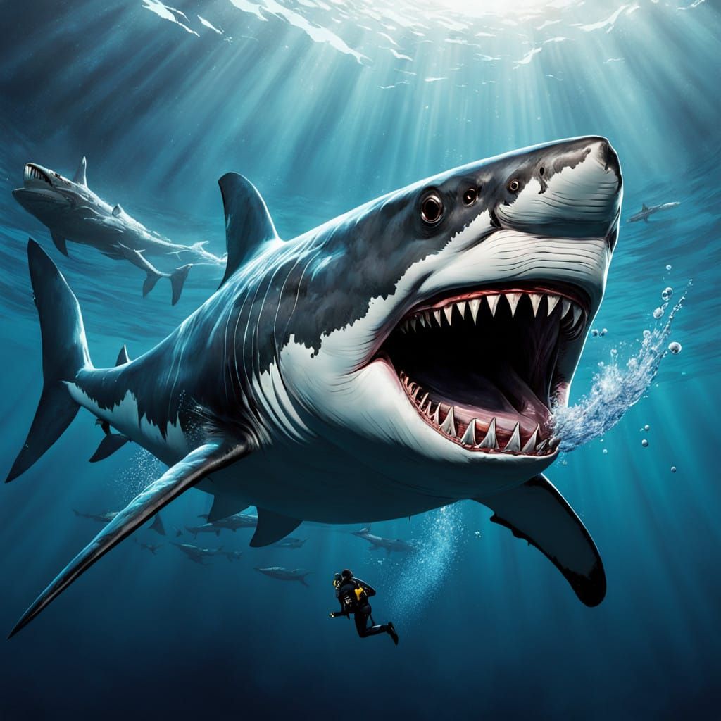 Gargantuan Megalodon Shark Approaches Diver in High-Speed En...