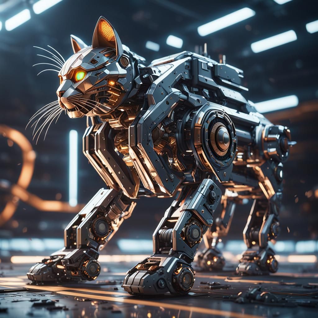 Electric Cats with Intricate Mech Details in Sci-Fi Style