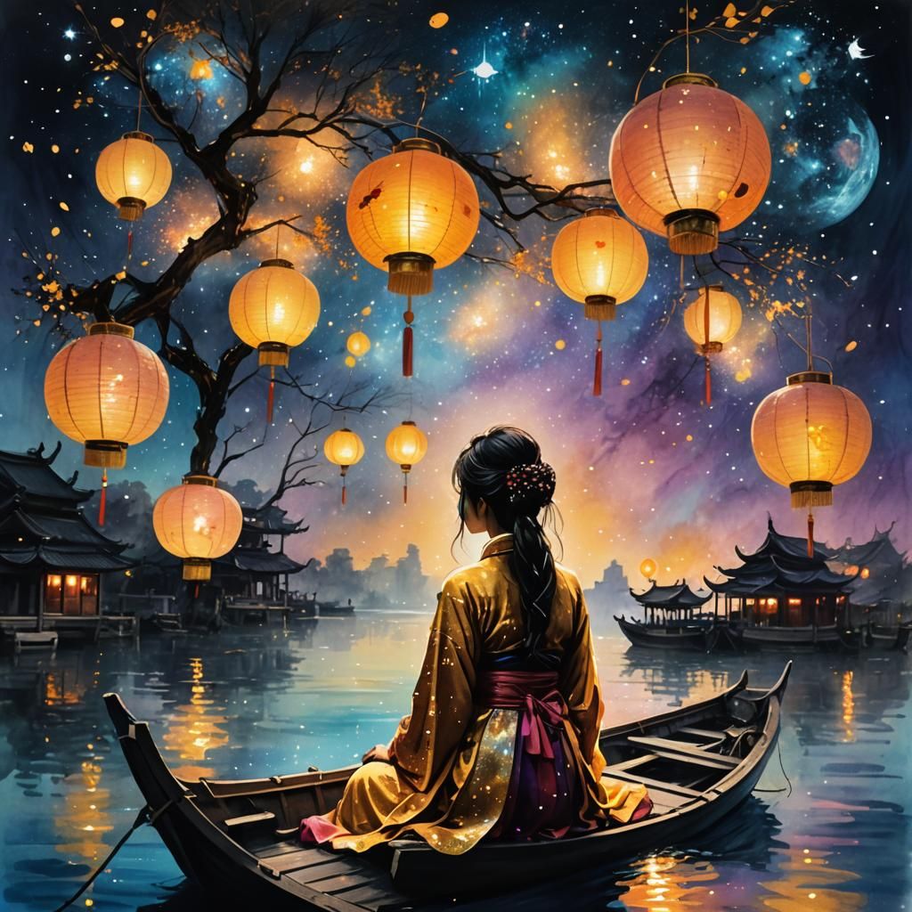 Chinese Woman at Lantern Festival in Anime Style