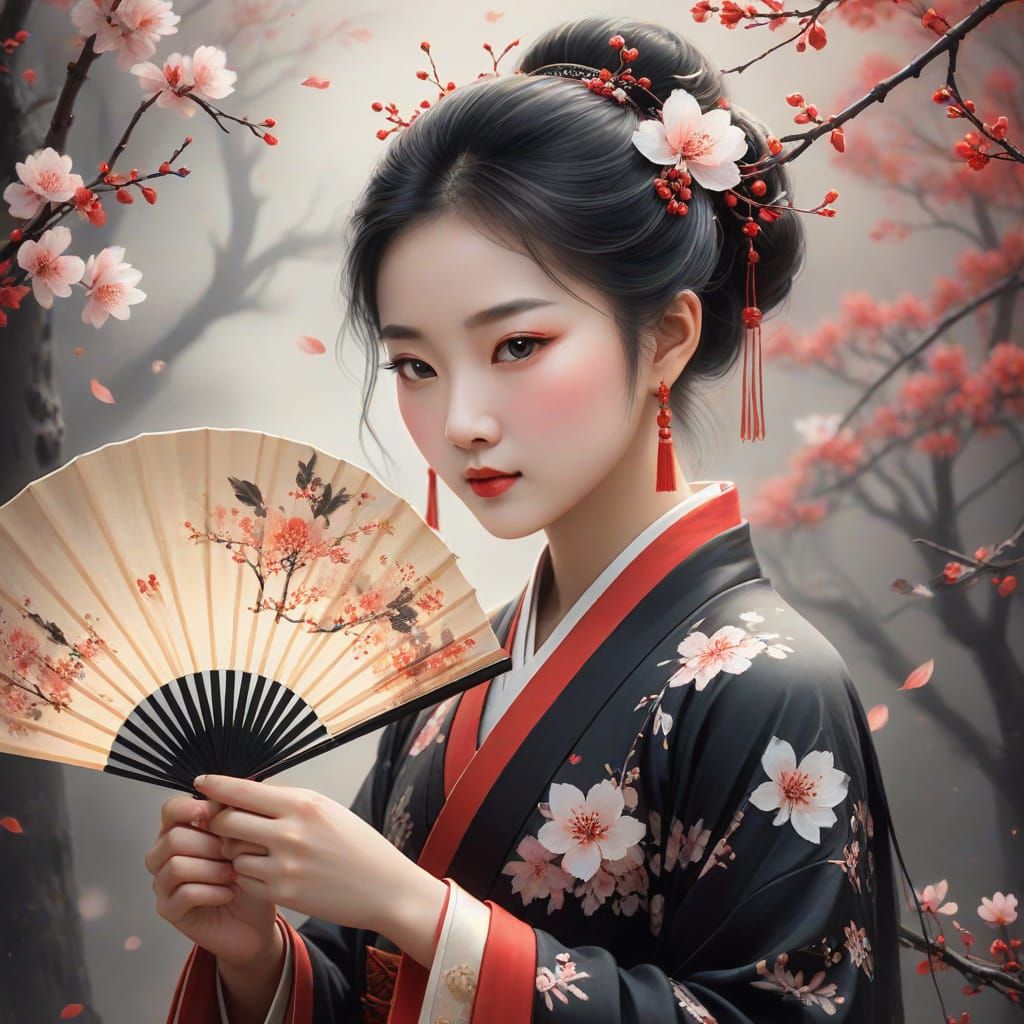 Chinese Goddess with Floral Fan in Digital Folk Art