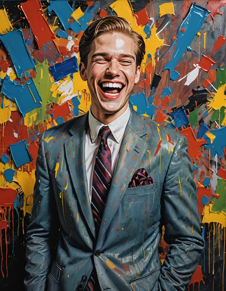 Laughing Man: Hyperrealistic Oil Painting in Warhol Style