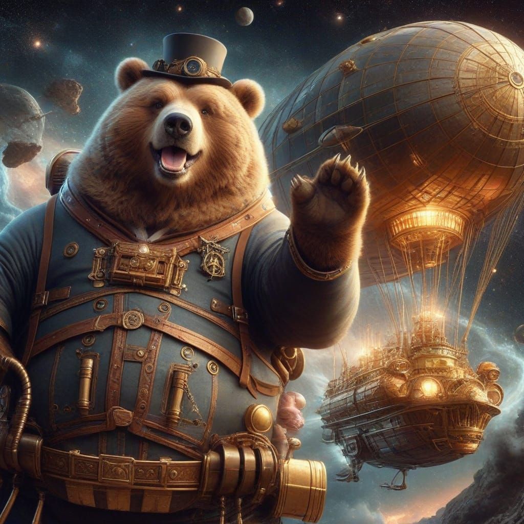 Kodiak Bear in Steampunk Spacesuit Pilots Dirigible Through ...