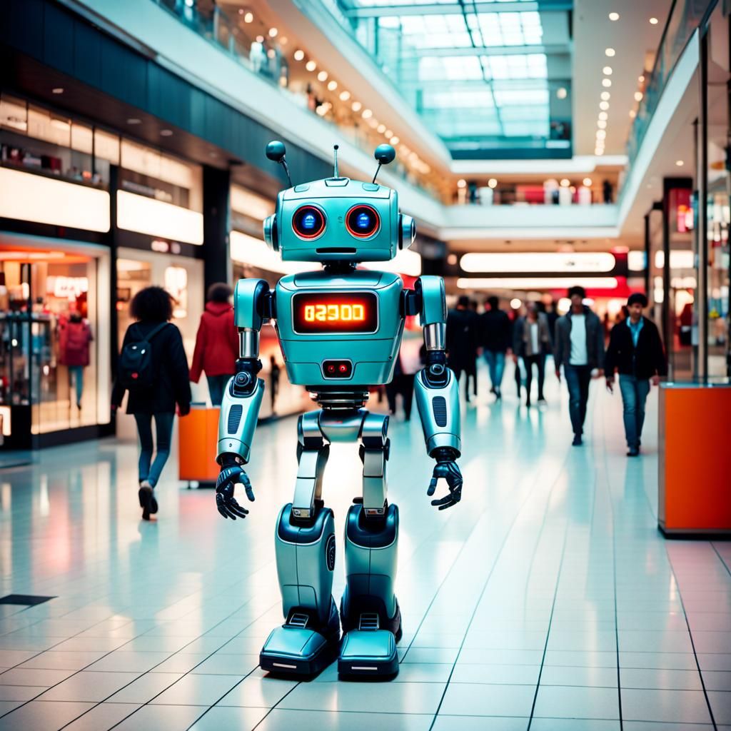 A Kawabata 'Mem-Choz' robot strolling through a North American shopping mall, circa 1986