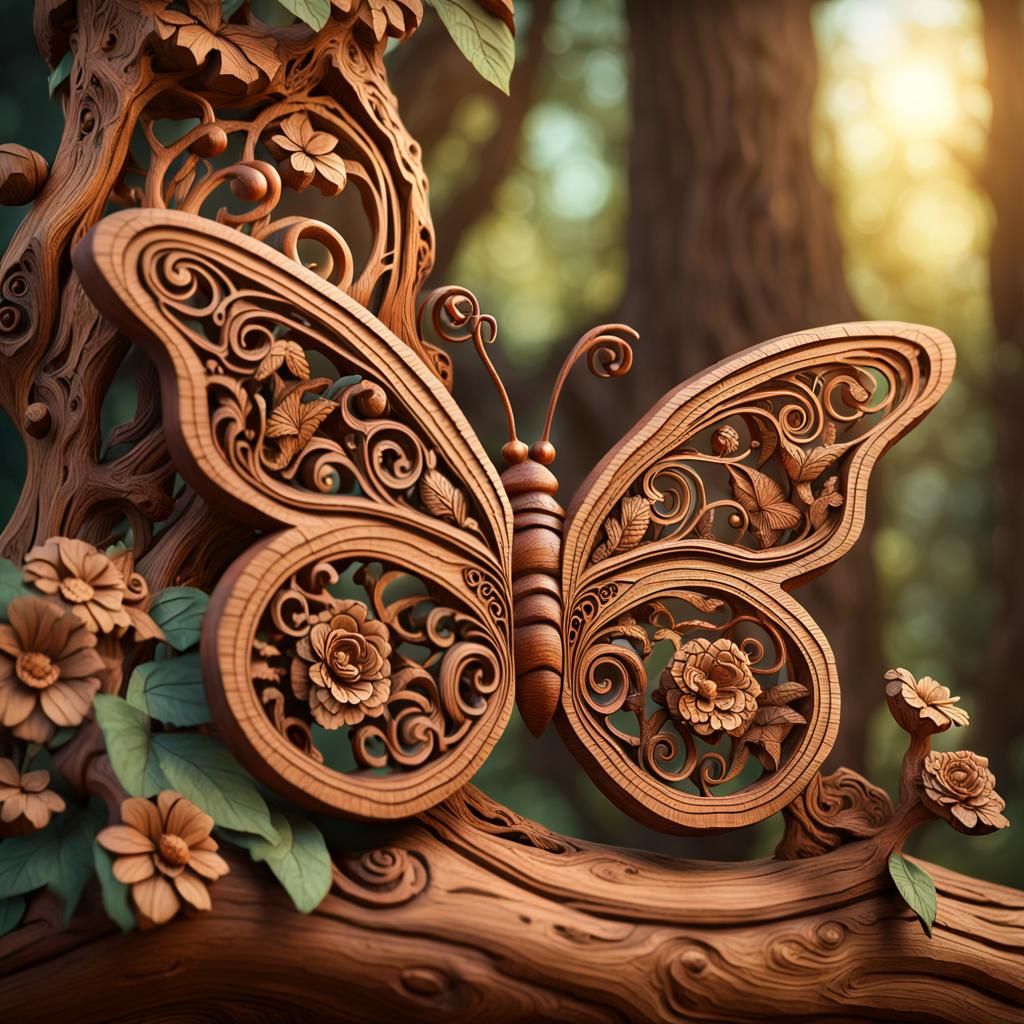 Delicate Wooden Butterfly in Carved Fantasy World