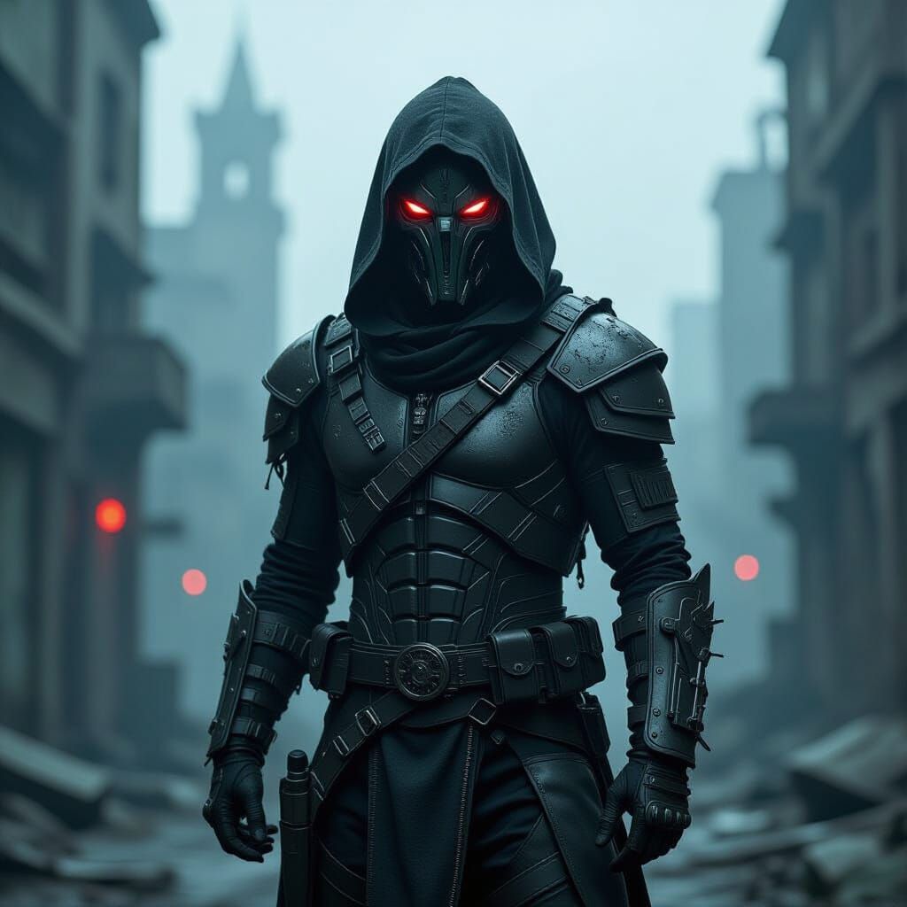 Cybernetic Bounty Hunter in Abandoned Alien Cityscape