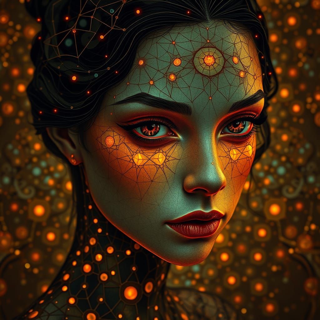 Surreal Portrait with Bioluminescent Mosaic in Neo-Impressio...
