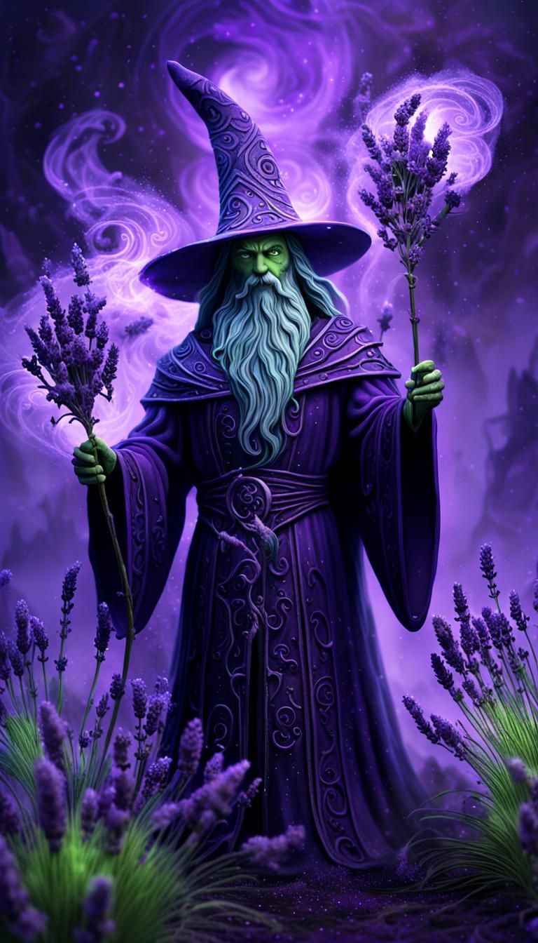 A 3D render of a wizard made of a magical lavender 🪻 plant....
