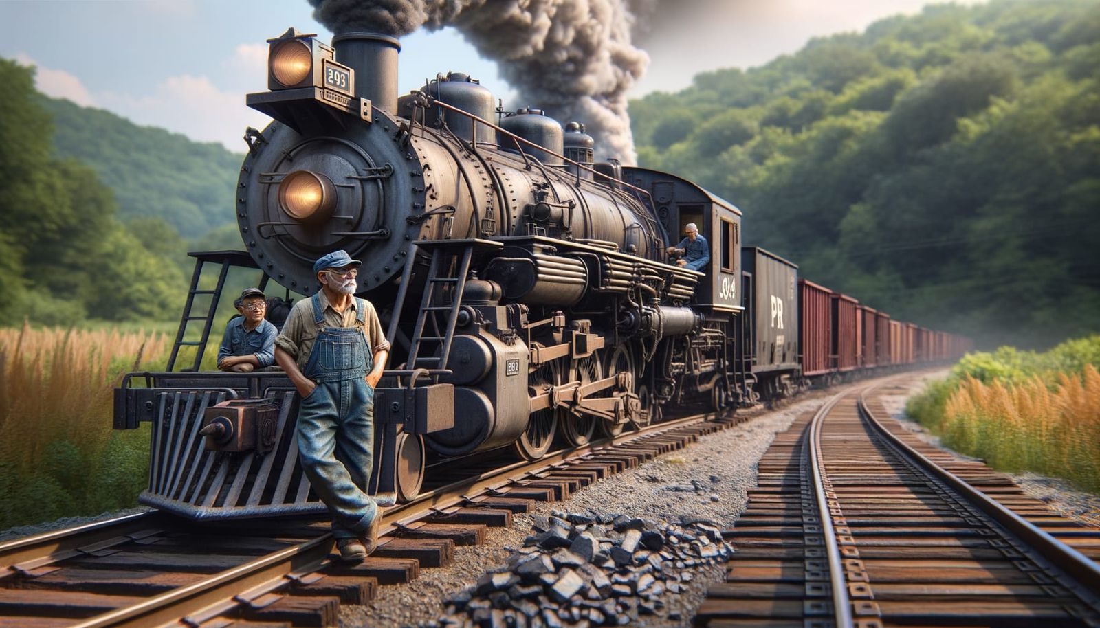 A train crew looks on paused in their journey