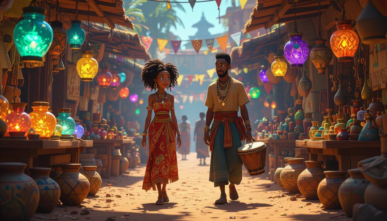 Magical African Market in Vibrant 3D Cartoon Style