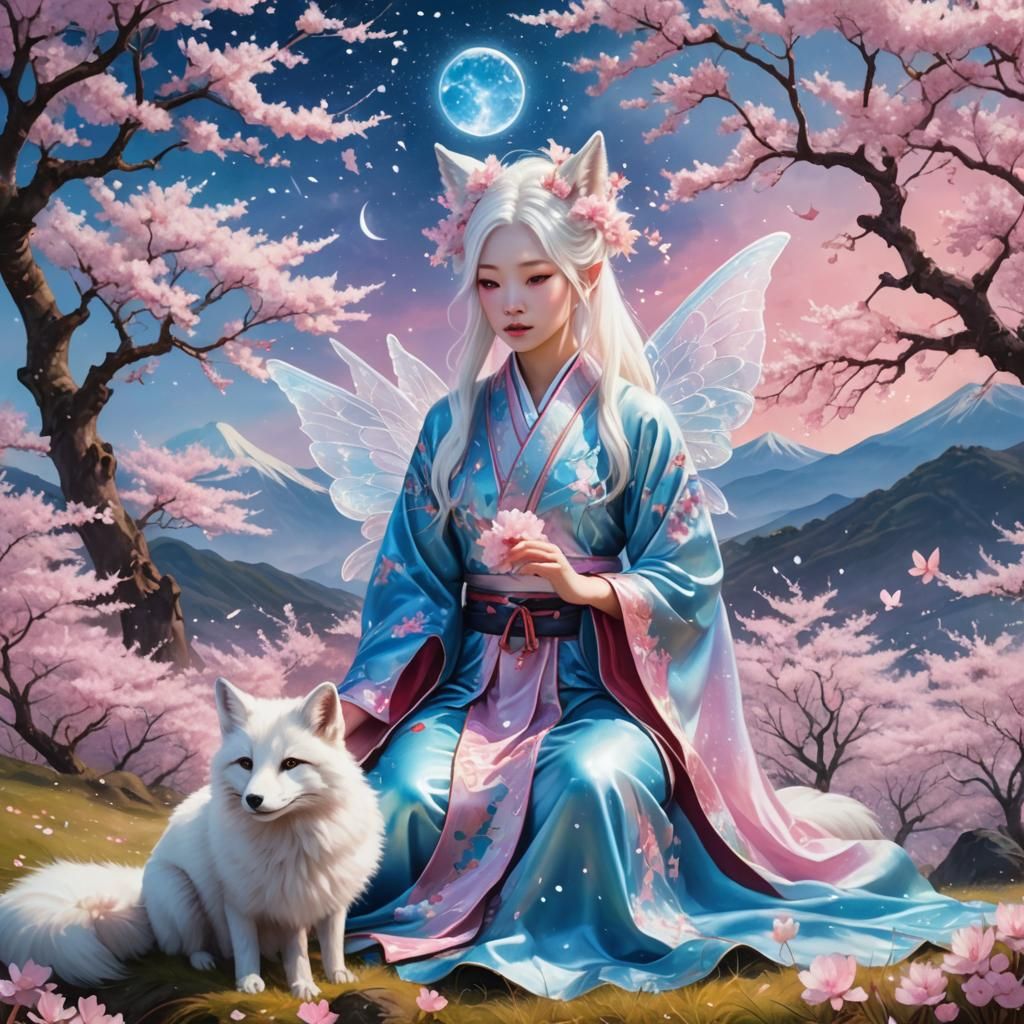 Ethereal Fairy in Cherry Blossom Field, Astral Illustration