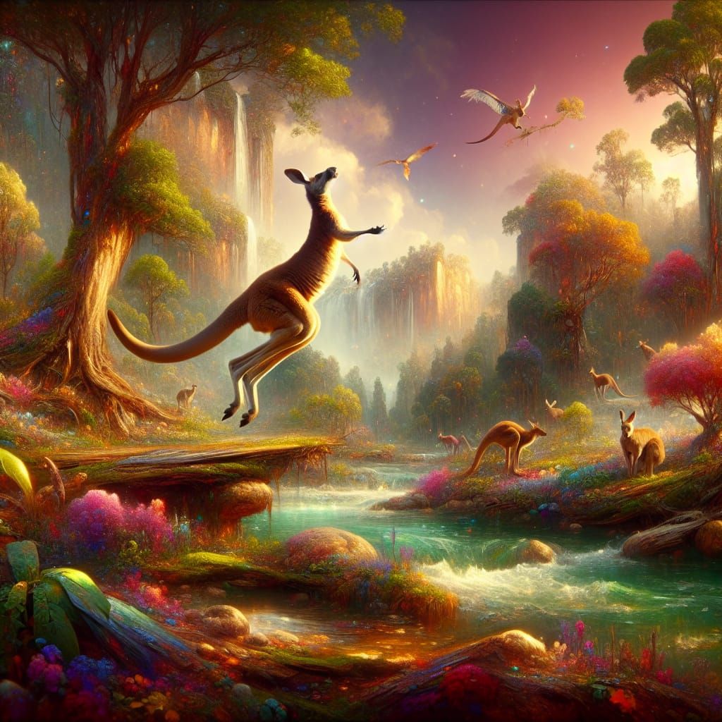 Kangaroo Frolicking in a Magical Realism Landscape