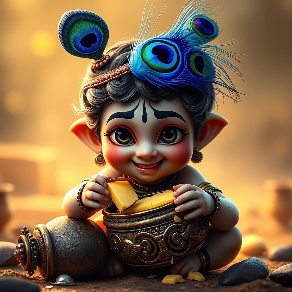 Little Krishna with Vibrant Peacock Feather and Broken Pot