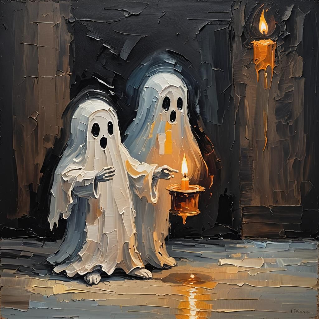 Cute Ghost Carrying Candle: Impasto Oil Painting