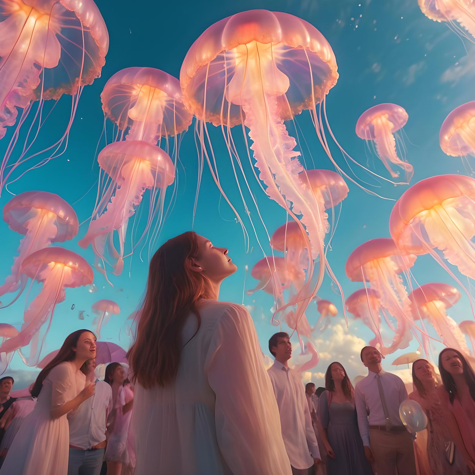 Illuminated Jellyfish Rain Rainbows on Awe-Struck People