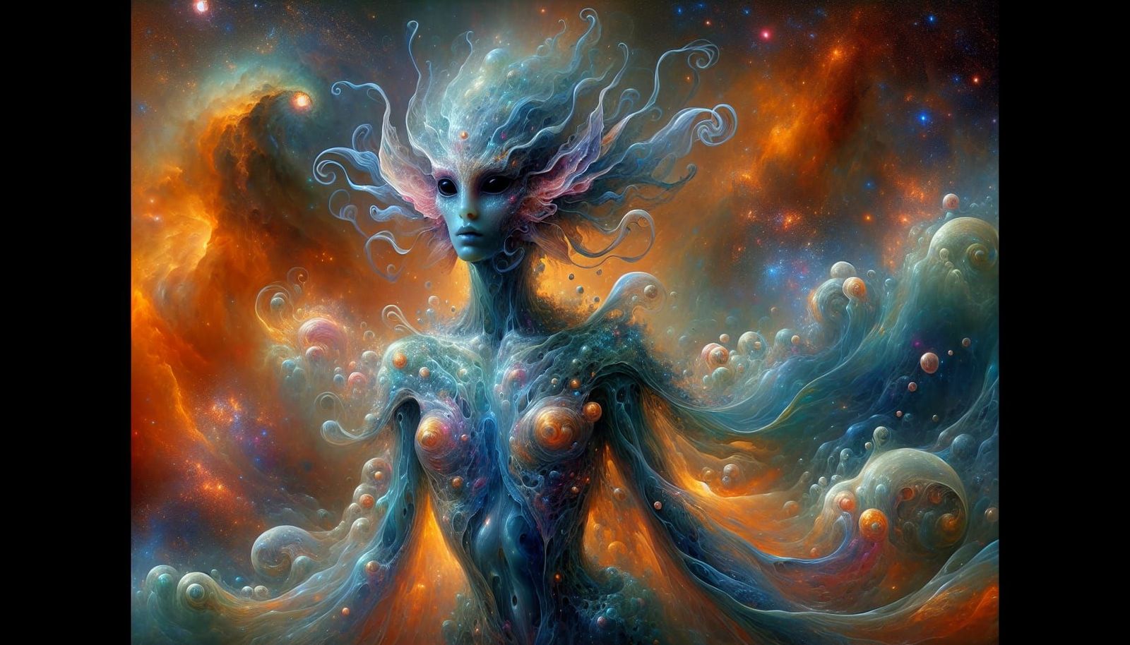 Celestial Water-Alien Hybrid in Surreal Cosmic Landscape