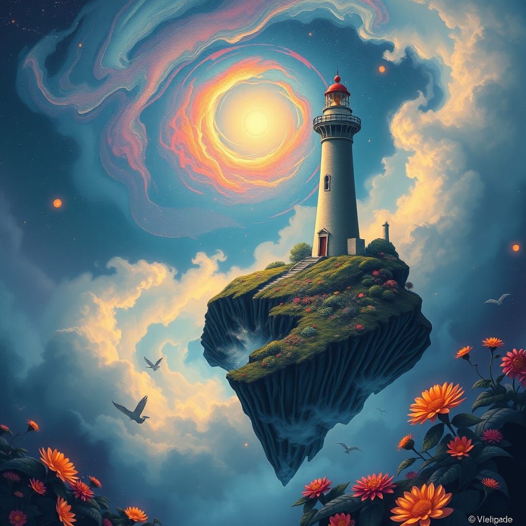 Floating Lighthouse in Cosmic Nebula with Art Nouveau and Bi...