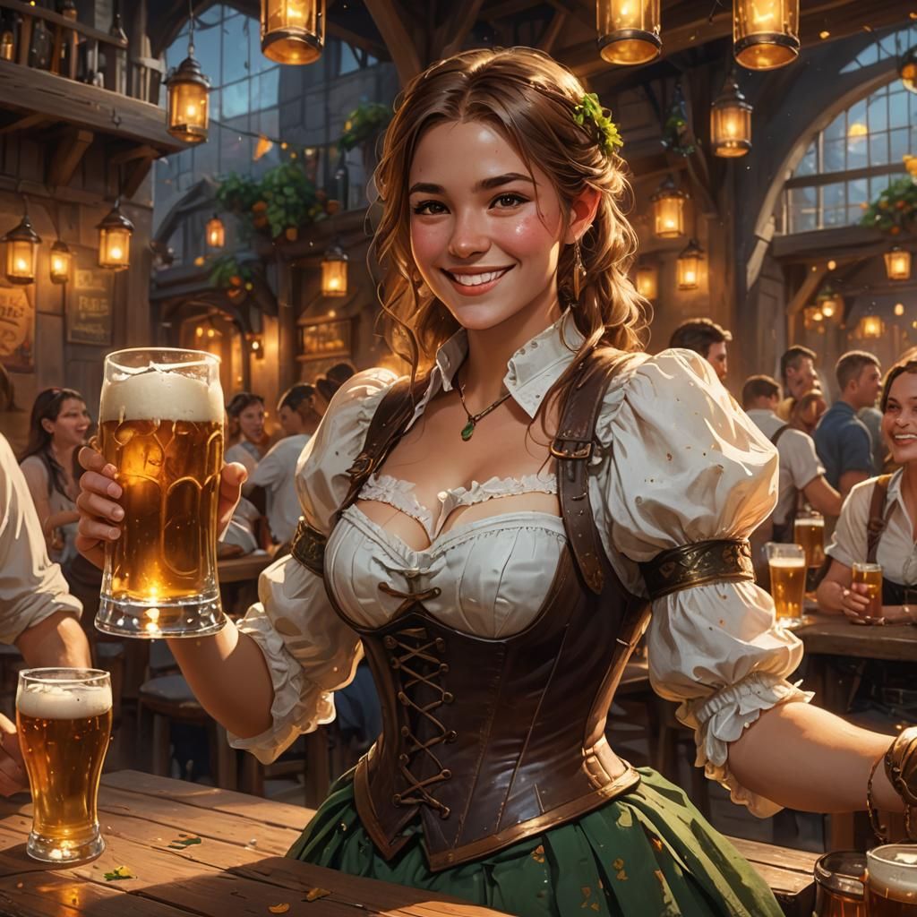Smiling Girl with Beer Mugs in Fantasy Tavern