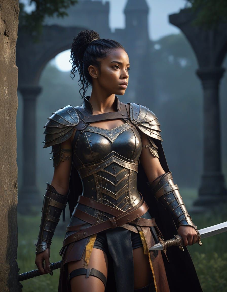 Black Woman Warrior with Sword in Forest Ruins
