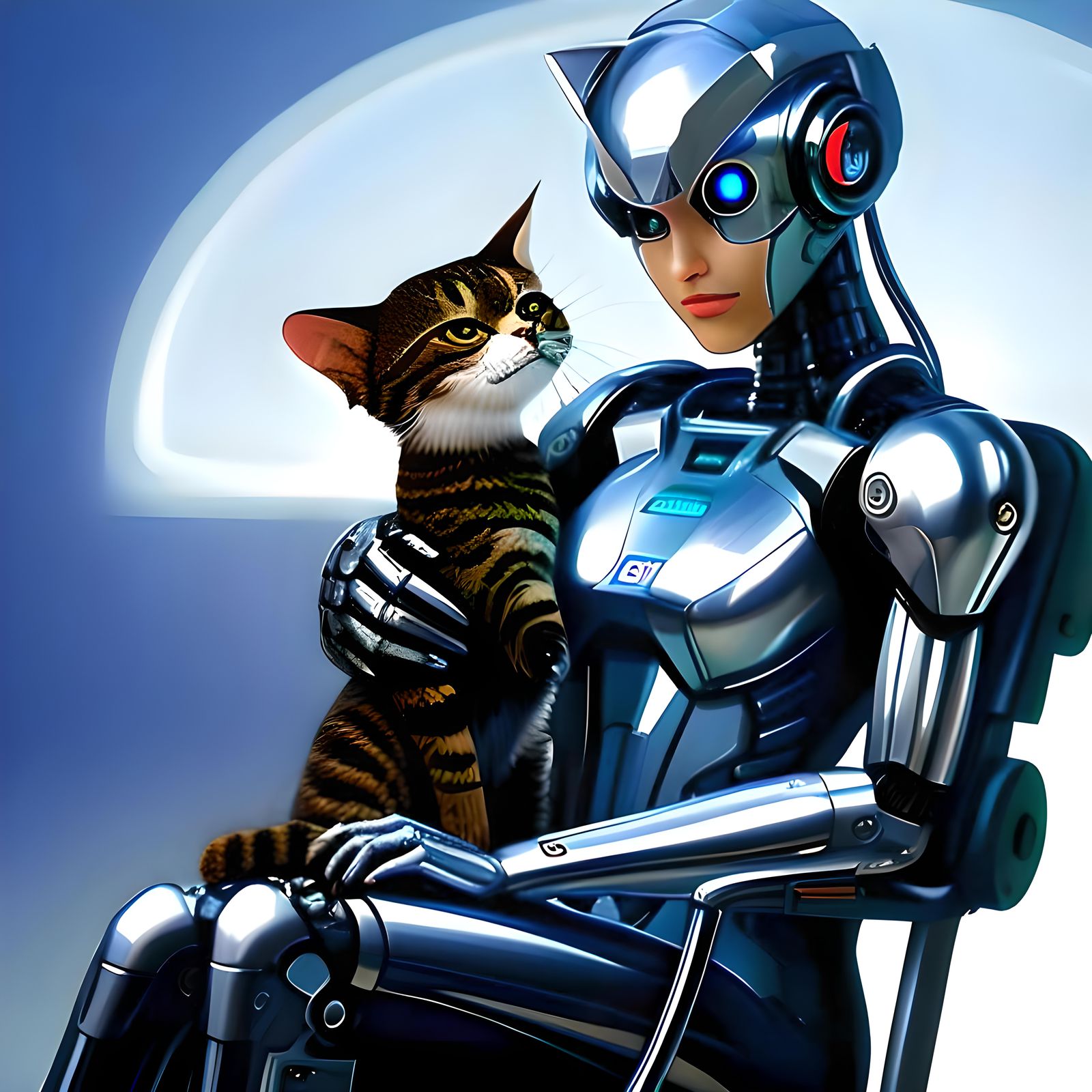 Chrome Gynoid Petting a Cyborg Cat