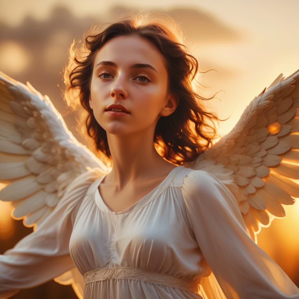 Ethereal Angel in Golden Light: A Hyper-Realistic Portrait