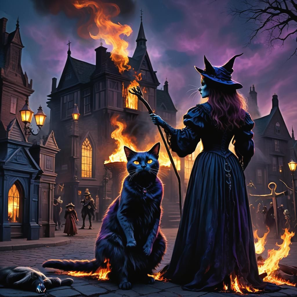 Cat Witches Burning in Salem: Dark Fantasy Art