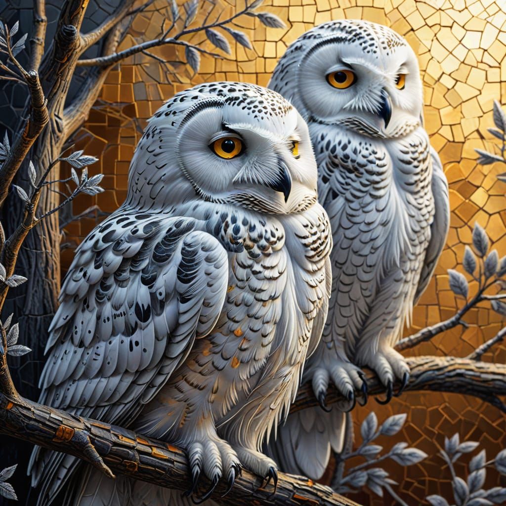 Snowy Owls in Charcoal Mosaic Tile Art