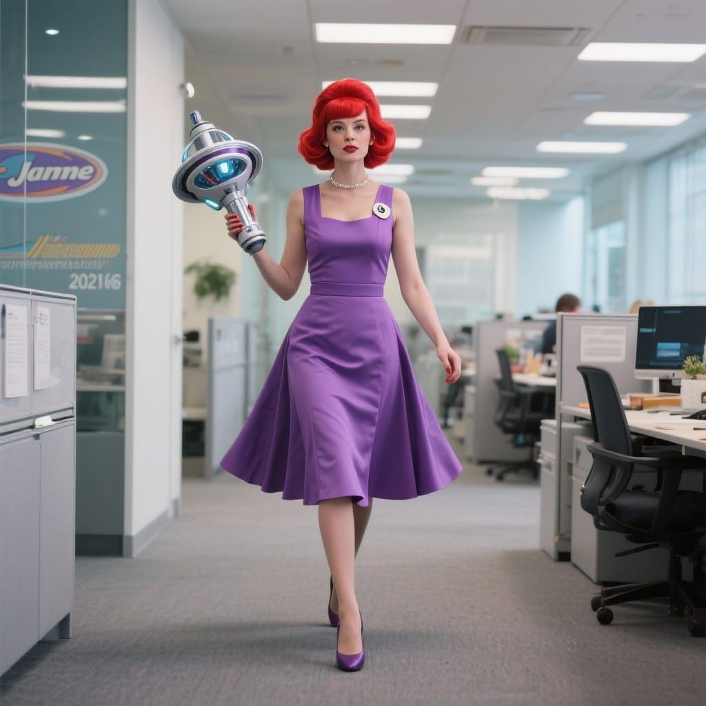 A female secretary dressed as Jane Jetson with Jane's tradem...
