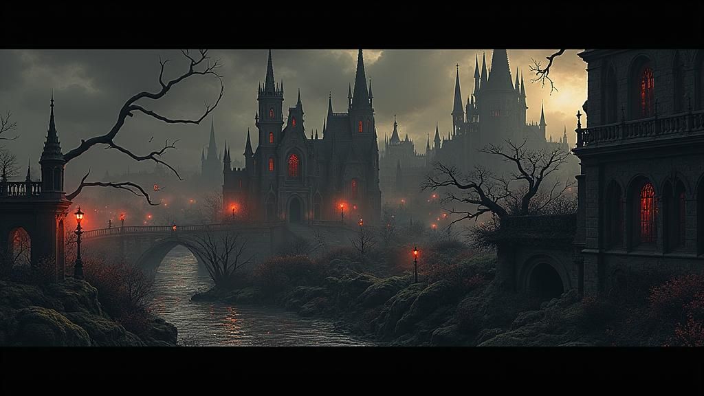 Ominous Gothic Cityscape Shrouded in Mist