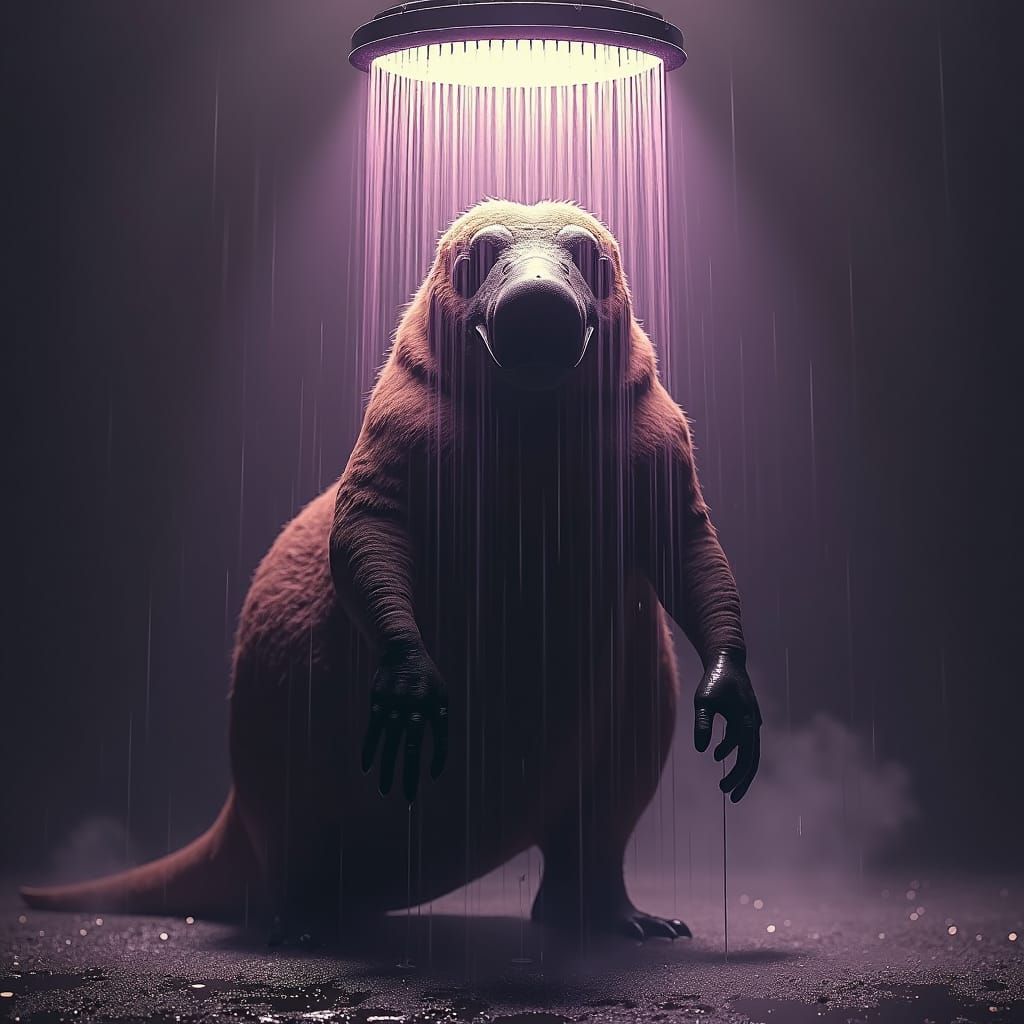 Platypus in Mystical Shower, Dark Fantasy Art