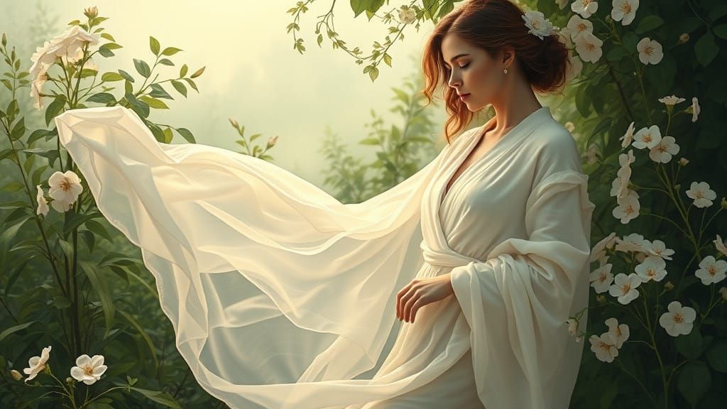 Elegant Woman in Flowing White Robes Amidst Art Nouveau Flor...