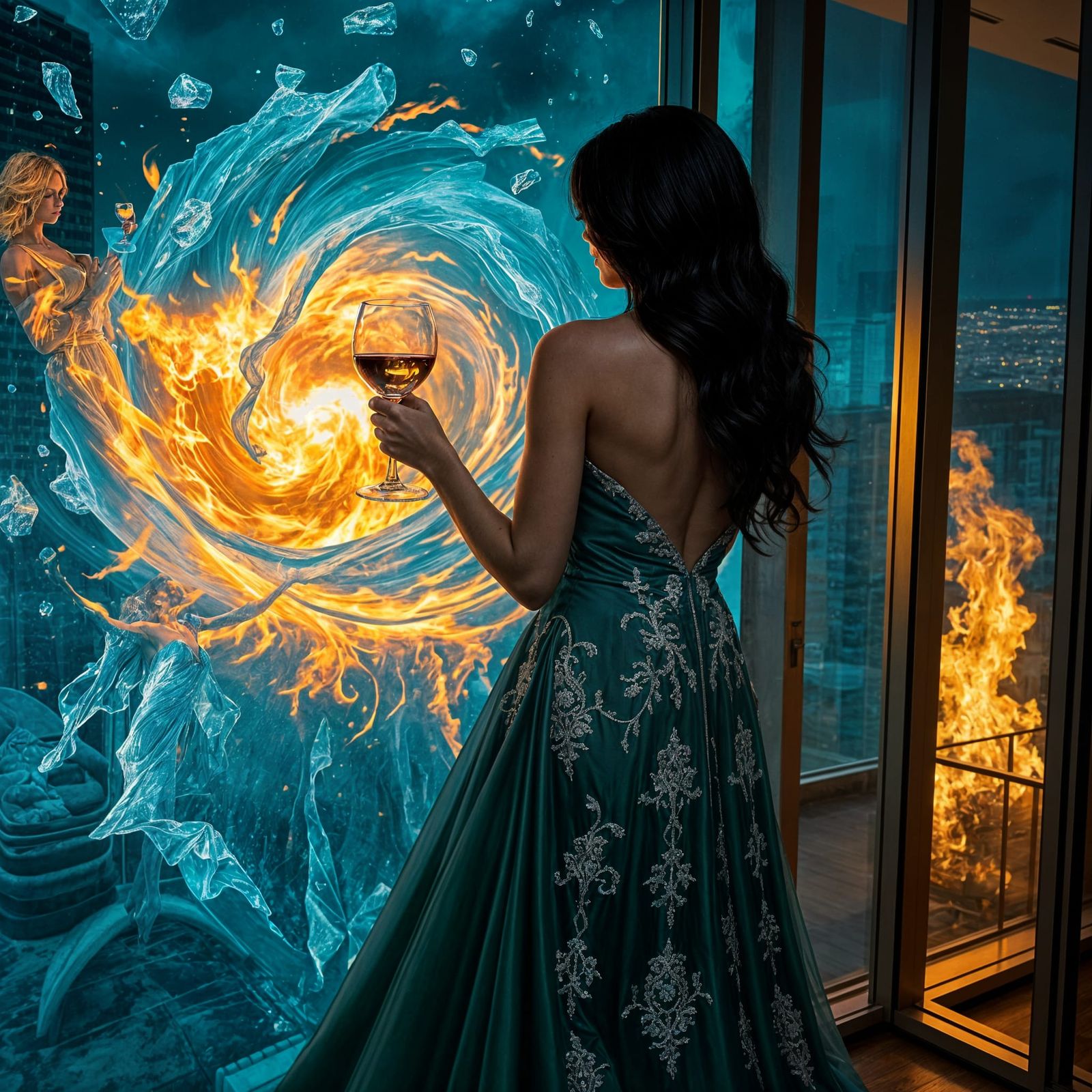 Woman Witnessing Fire and Ice Clash: Fantasy Art