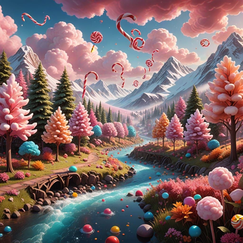 Magical Candy Landscape with Chocolate Rivers and Lollipop T...