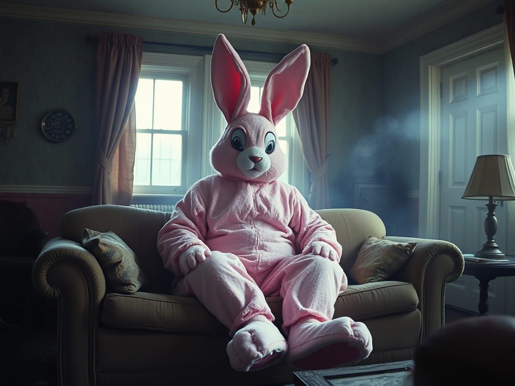 Giant Pink Bunny Sits in a Dark, Atmospheric Living Room