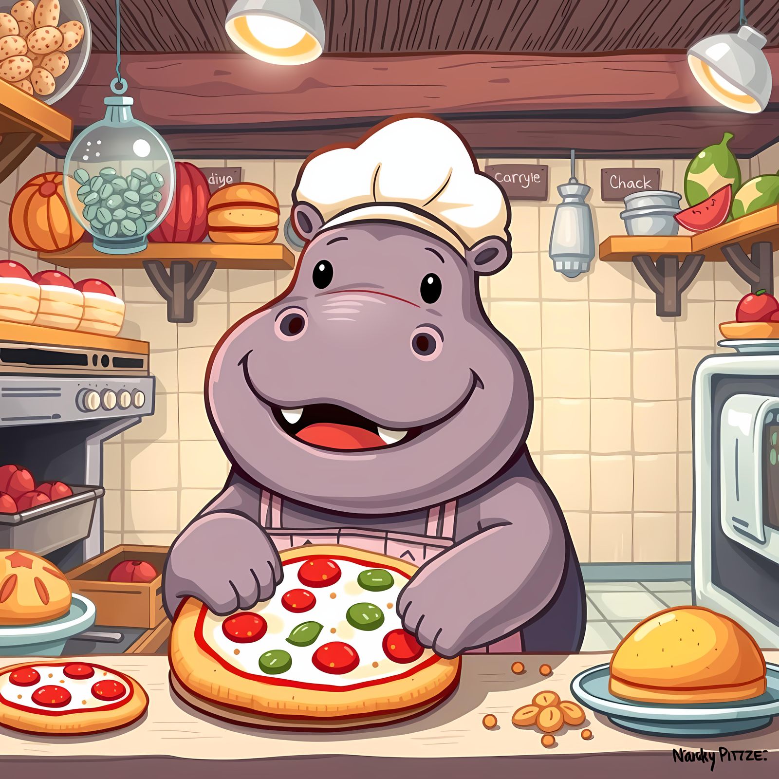 Chibi Hippo Chef Makes Pizza