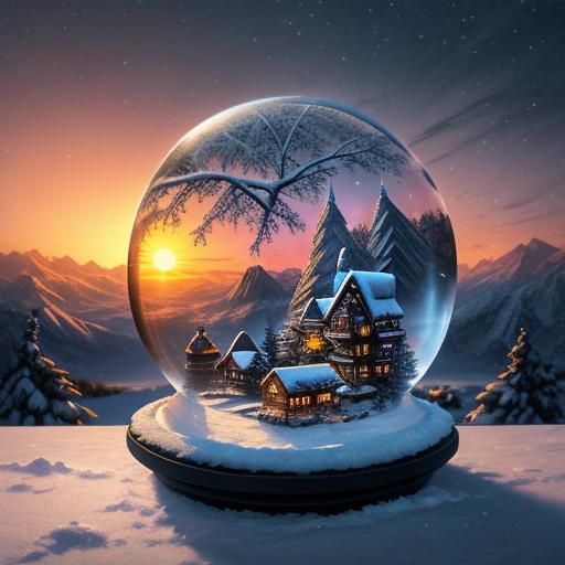 Raccoon in Winter Snow Globe at Sunset