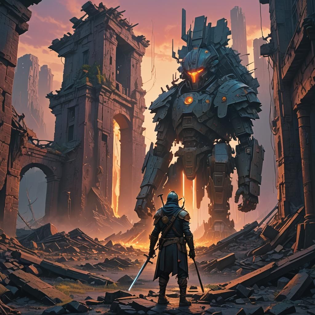 Mystical Warrior in Ruined City, Sci-Fi Art