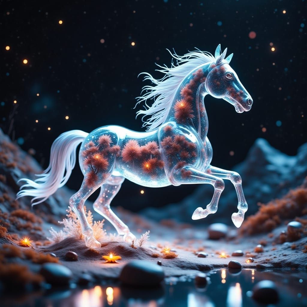 Semi-Transparent Water Horse Galloping with Sparkling Highli...