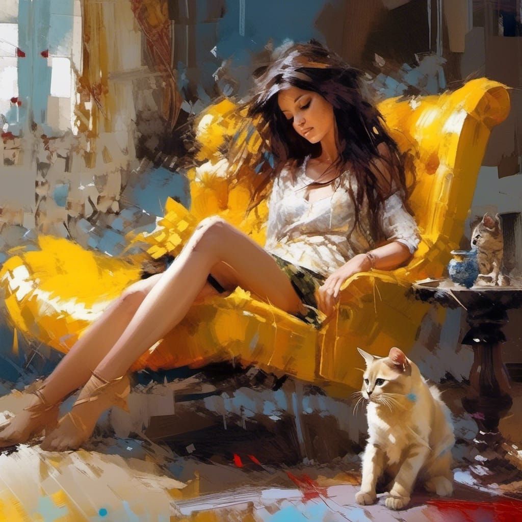Woman with Burmese Cat as Contemporary Painting