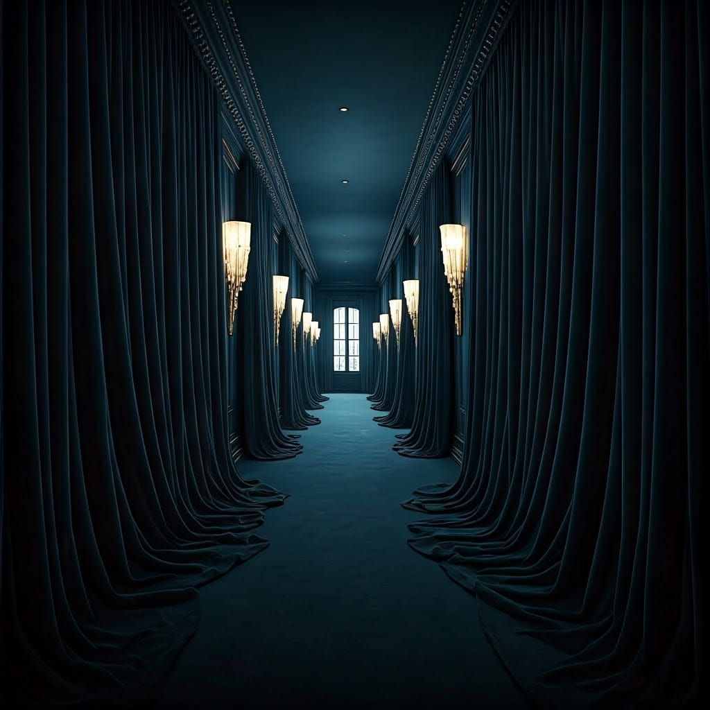 super long hallway luxuriously covered with dark blue velvet fabric