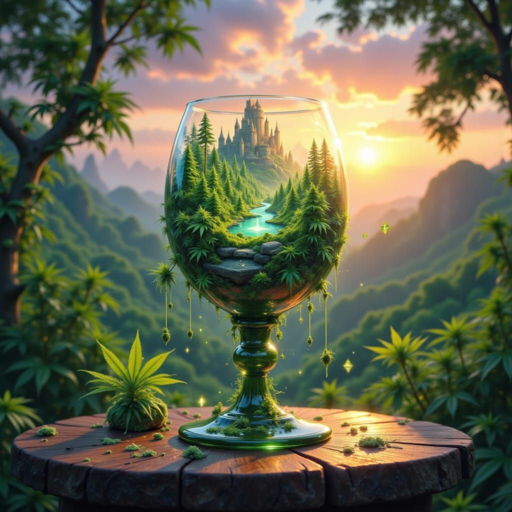 Mystical Cannabis Garden in Glass Chalice, Surreal Landscape