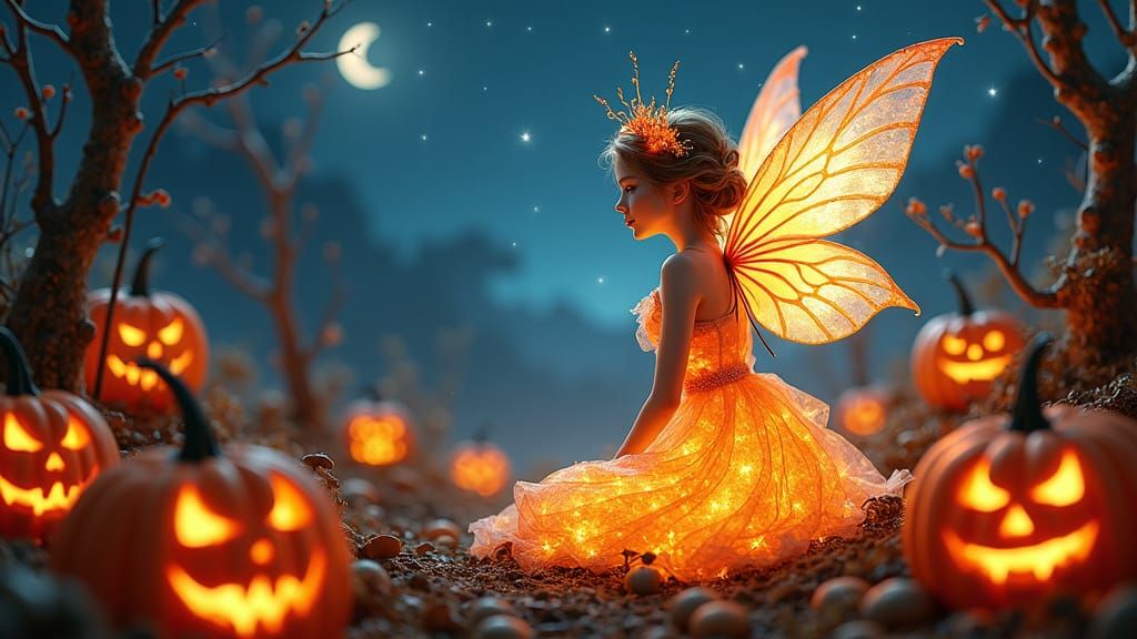 Ethereal Halloween Fairy in Luminous Pumpkin Patch