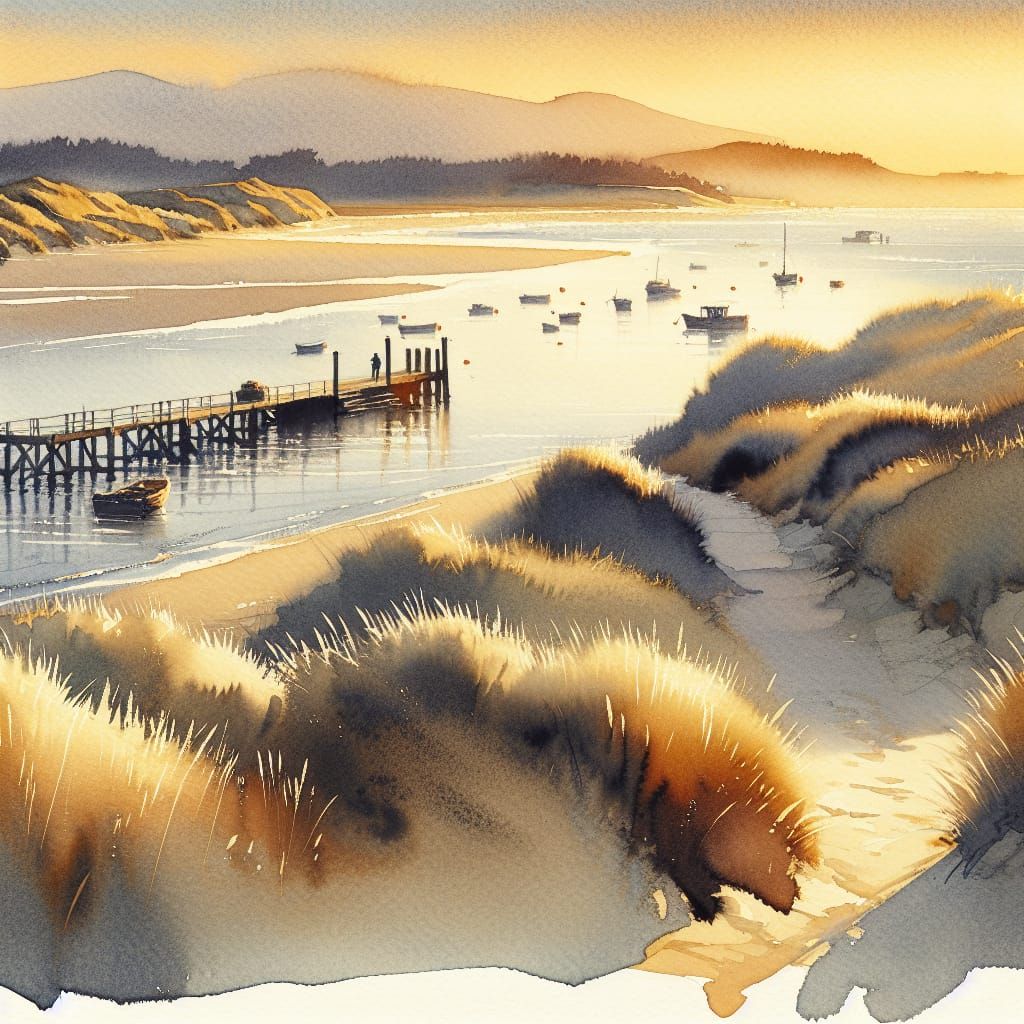 Golden Hour Seascape in Impressionistic Watercolor Style