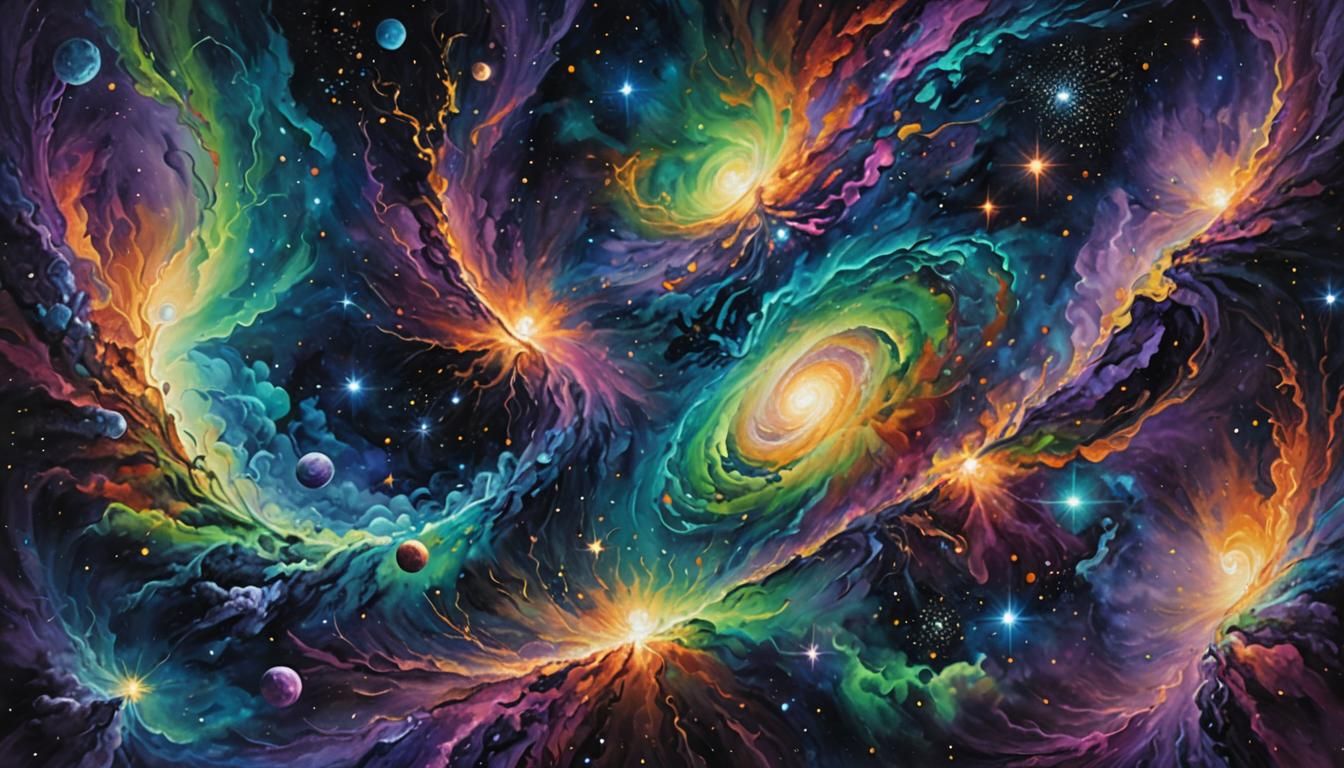Ethereal Cosmic Harmony in Vibrant Acrylic Painting