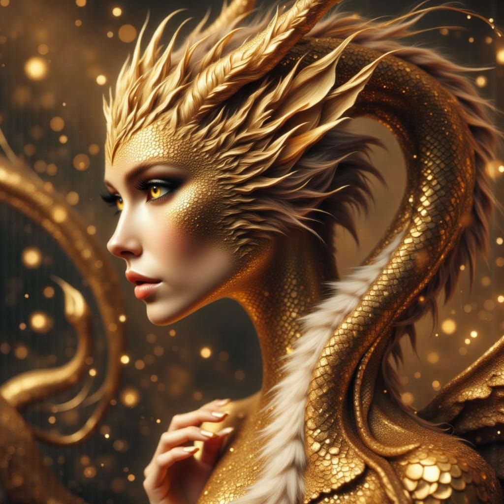 Golden Dragon Woman in Digital Matte Painting Style